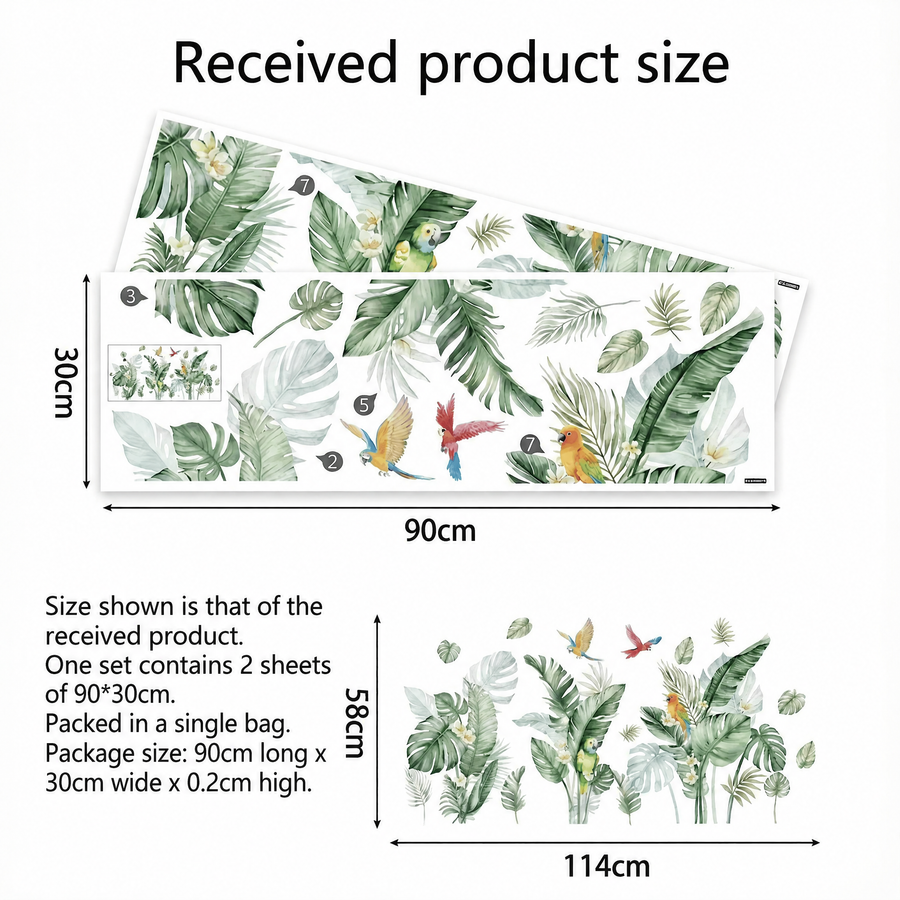 The sheet you receive compared with the design on the wall: Tropical Plants with Parrots Wall Stickers