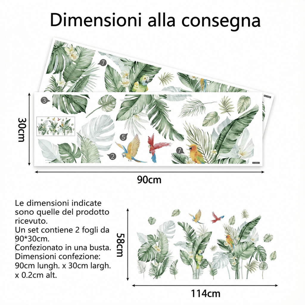 Adesivi murali piante tropicali con pappagalli - Dimensioni