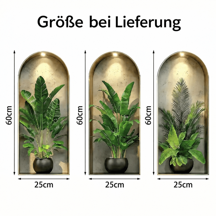 Der gelieferte Bogen im Vergleich zum Motiv an der Wand: Wandtattoo Grünpflanzen in 3D-Optik