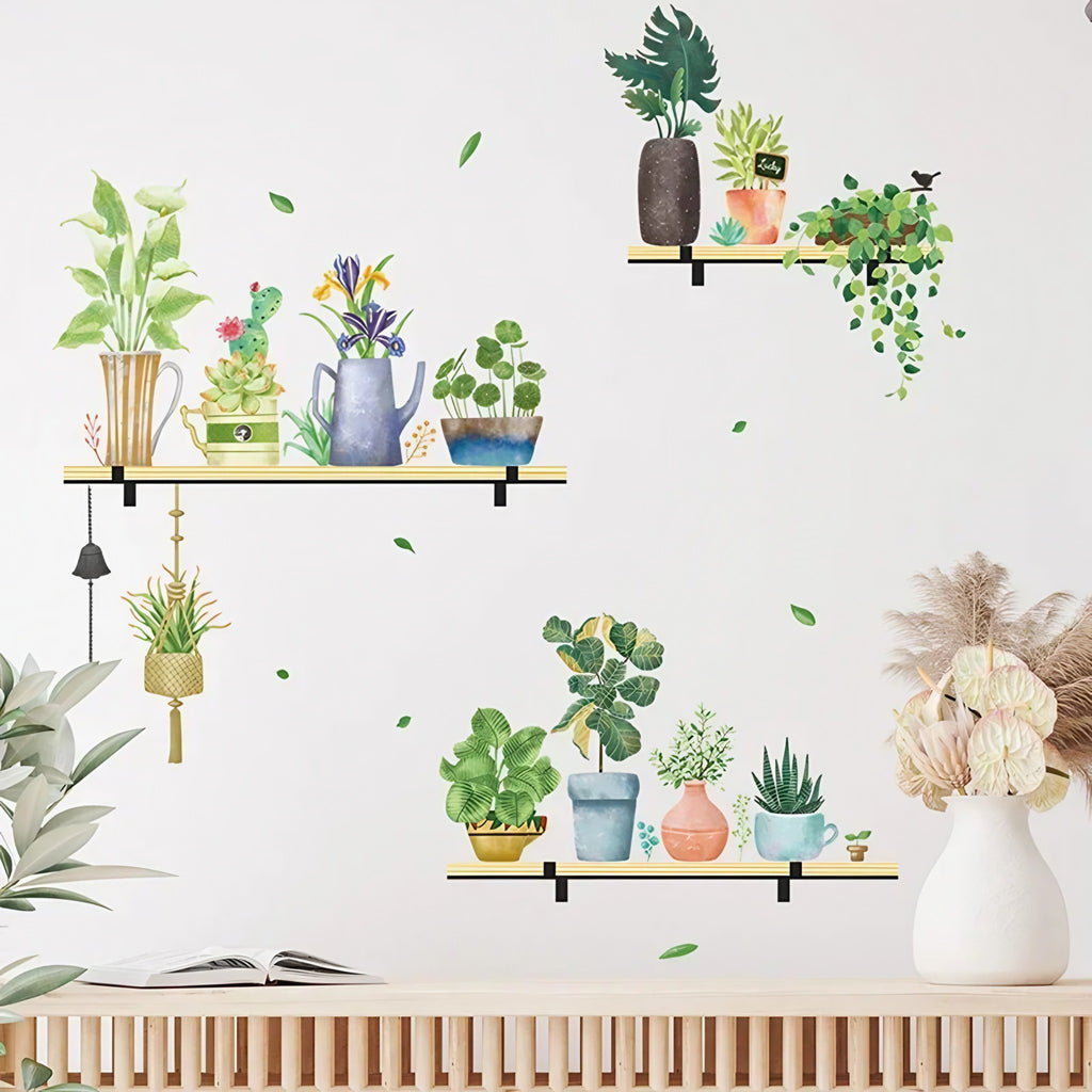 Stickers muraux étagères de plantes aquarelle au-dessus d'un buffet en bois avec vase blanc