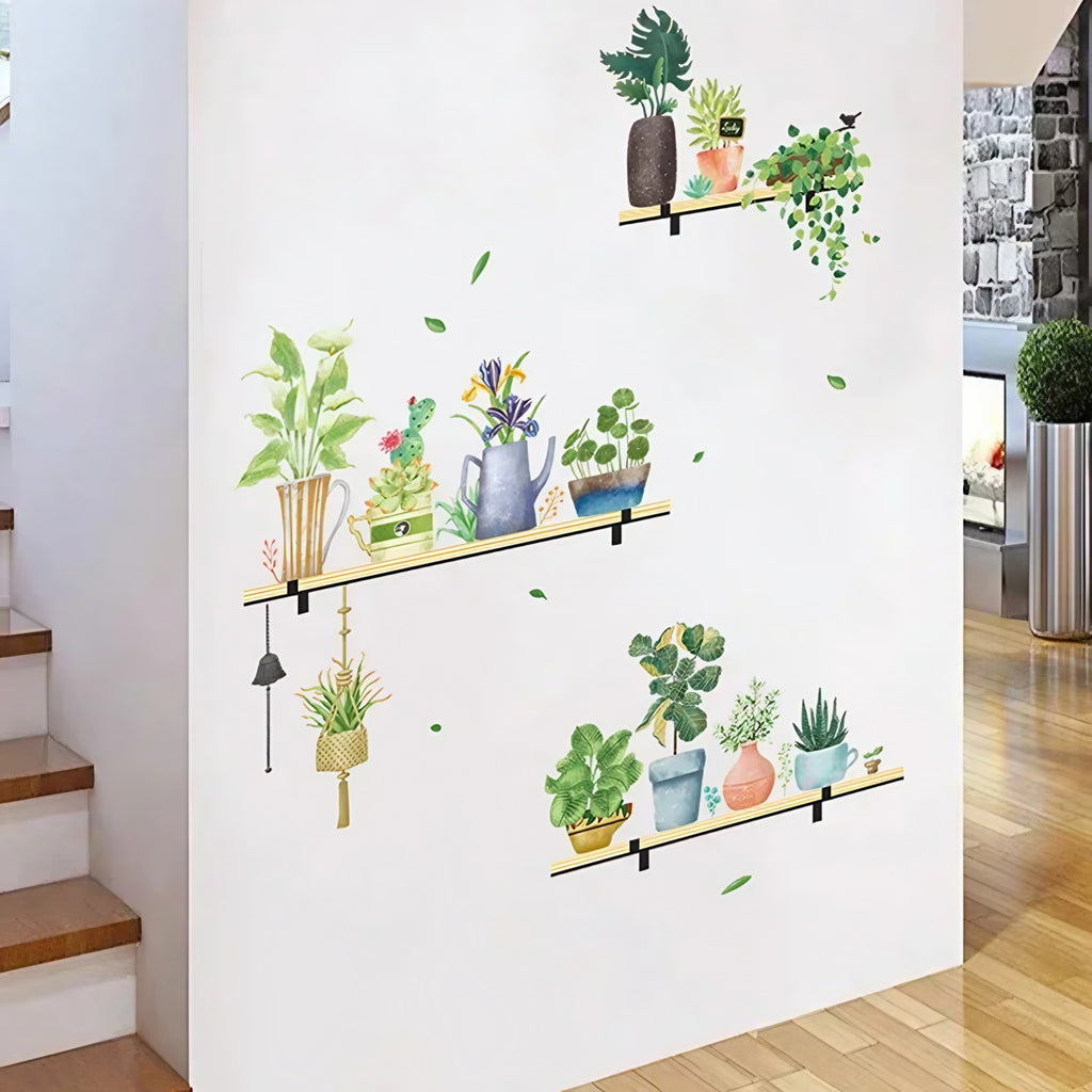 Stickers muraux étagères de plantes posés en diagonale sur le mur d'une entrée près d'un escalier