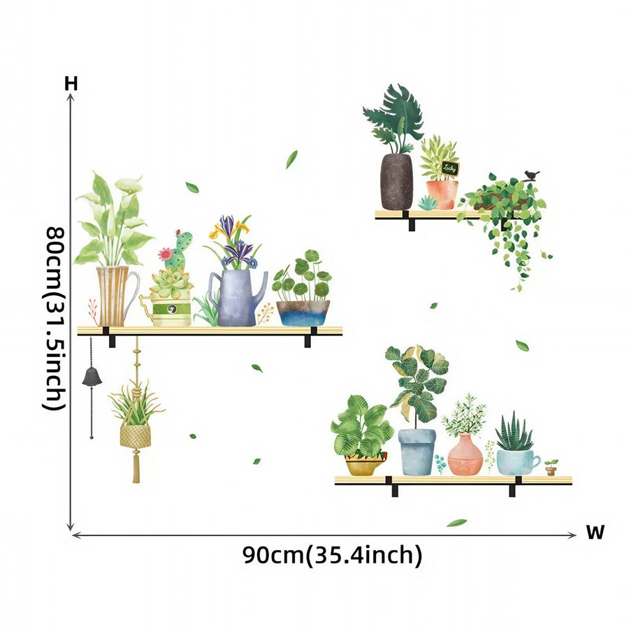 The sheet you receive compared with the design on the wall: Watercolour Green Plants Wall Stickers on 3 Shelves for Living Room