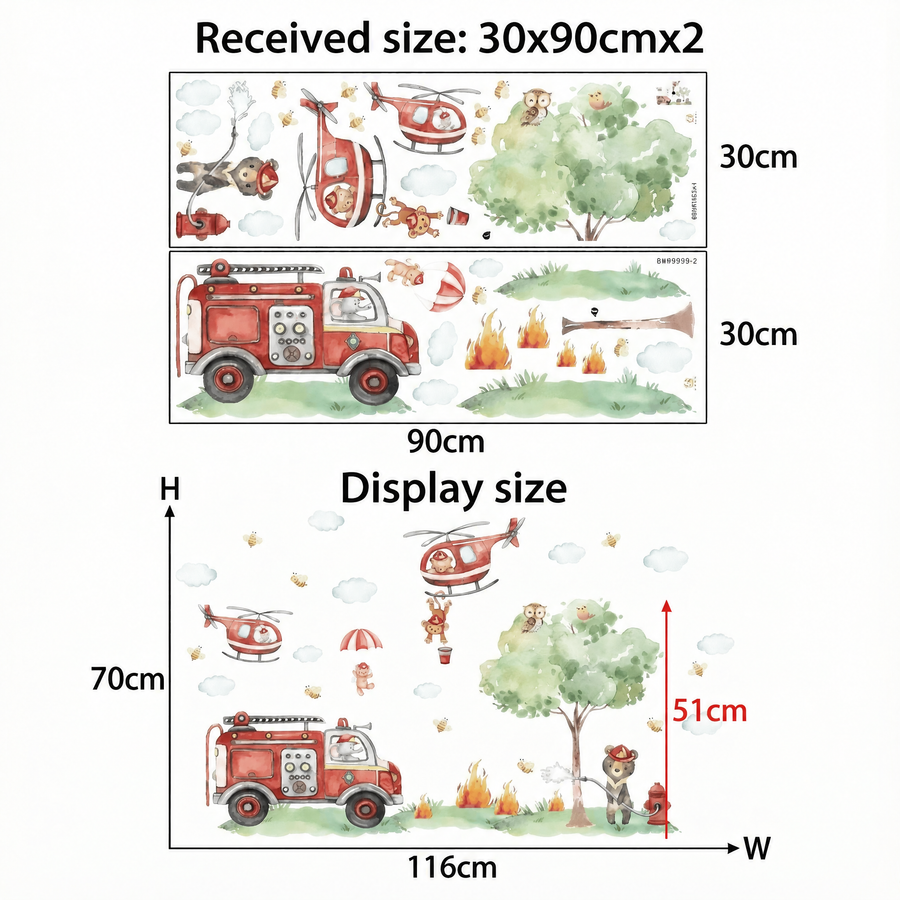 The sheet you receive compared with the design on the wall: Firefighter Kids' Room Wall Stickers