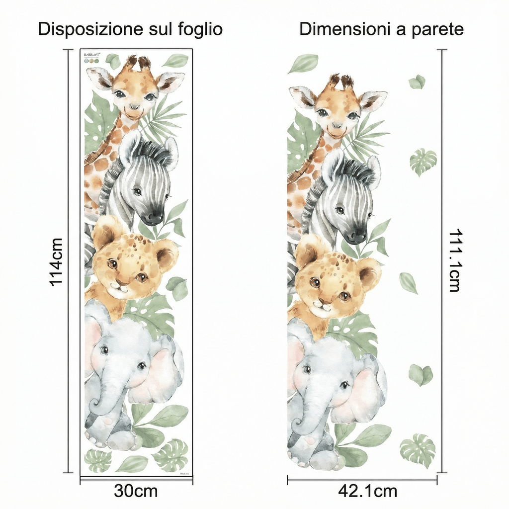 Adesivi murali animali della giungla per porta cameretta - Dimensioni