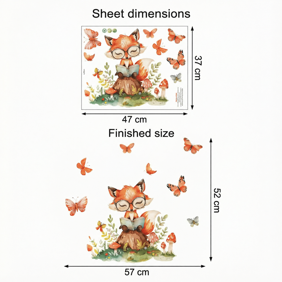 The sheet you receive compared with the design on the wall: Fox Kids' Wall Stickers
