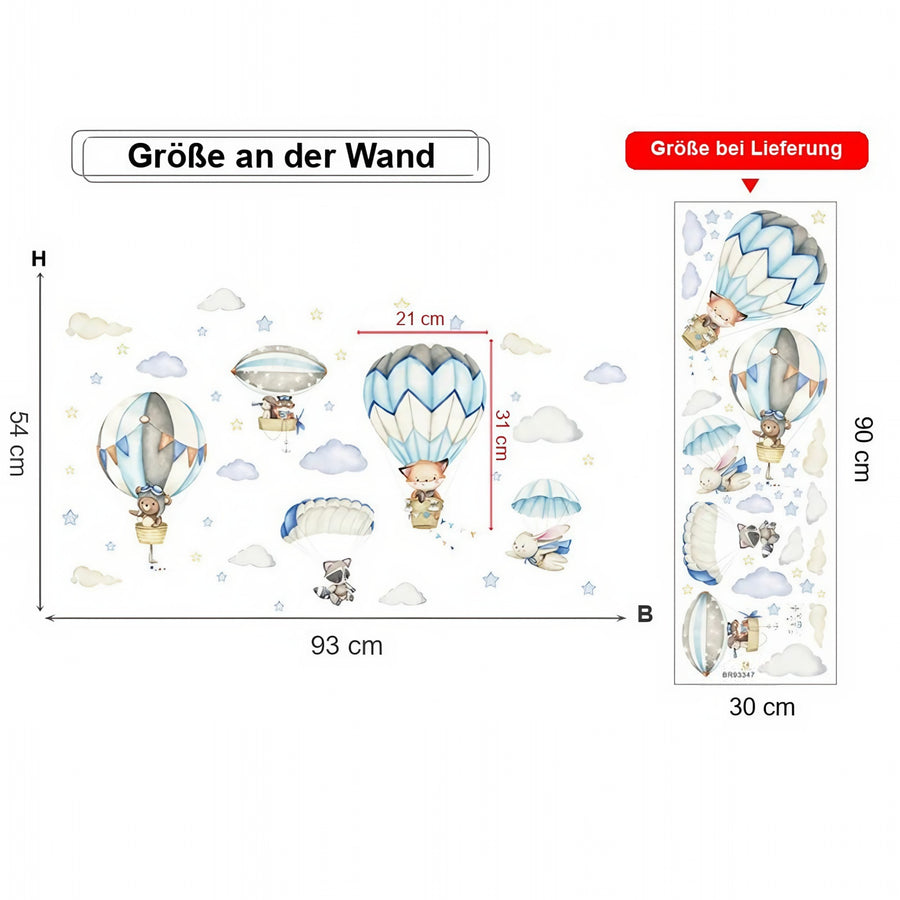 Der gelieferte Bogen im Vergleich zum Motiv an der Wand: Wandtattoo Fuchs und Teddybär im Heißluftballon fürs Babyzimmer