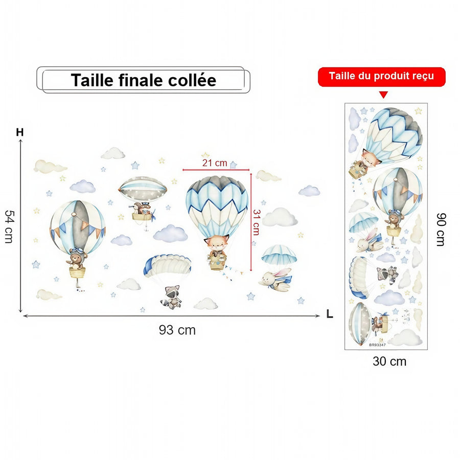 Comparaison entre la planche reçue et le motif posé : Stickers Muraux Renard et Ourson en Montgolfière Chambre Bébé