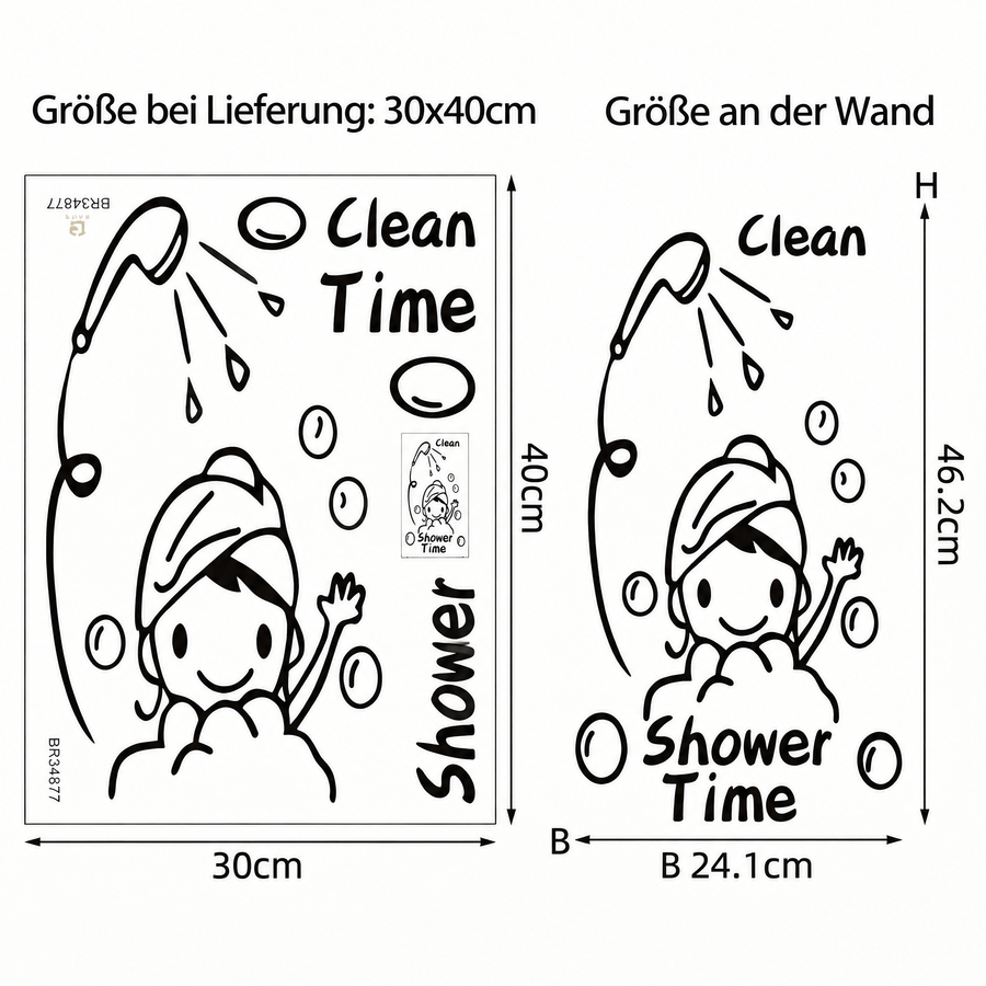 Der gelieferte Bogen im Vergleich zum Motiv an der Wand: Wandtattoo Dusche fürs Bad