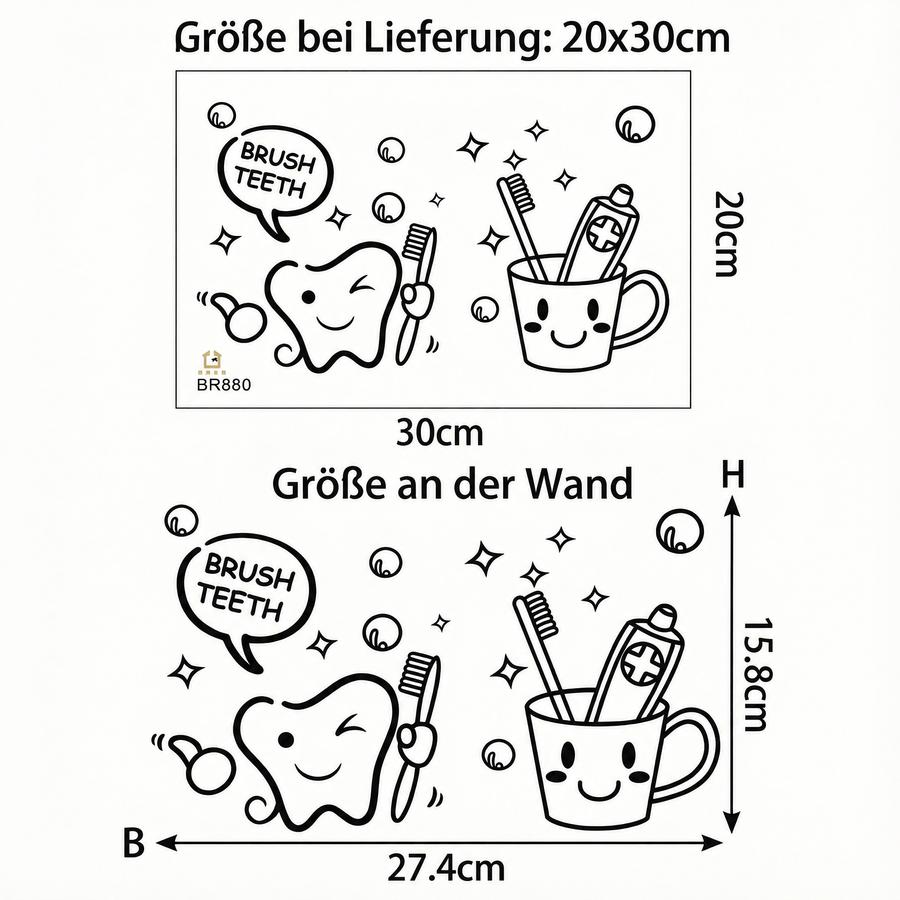 Der gelieferte Bogen im Vergleich zum Motiv an der Wand: Wandtattoo Zahnpflege fürs Bad