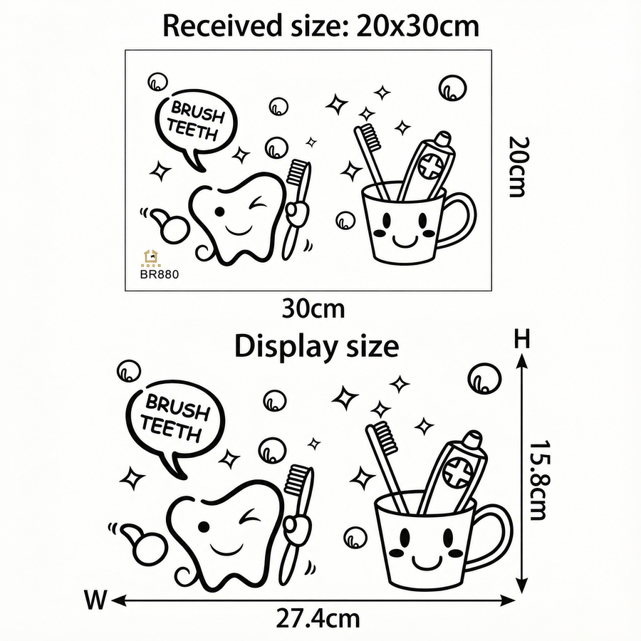 The sheet you receive compared with the design on the wall: Dental Hygiene Bathroom Wall Stickers