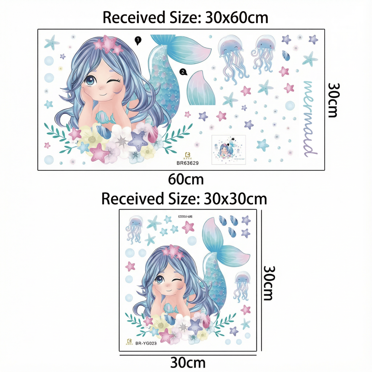 Mermaid and Jellyfish Girls' Room Wall Stickers - dimensions