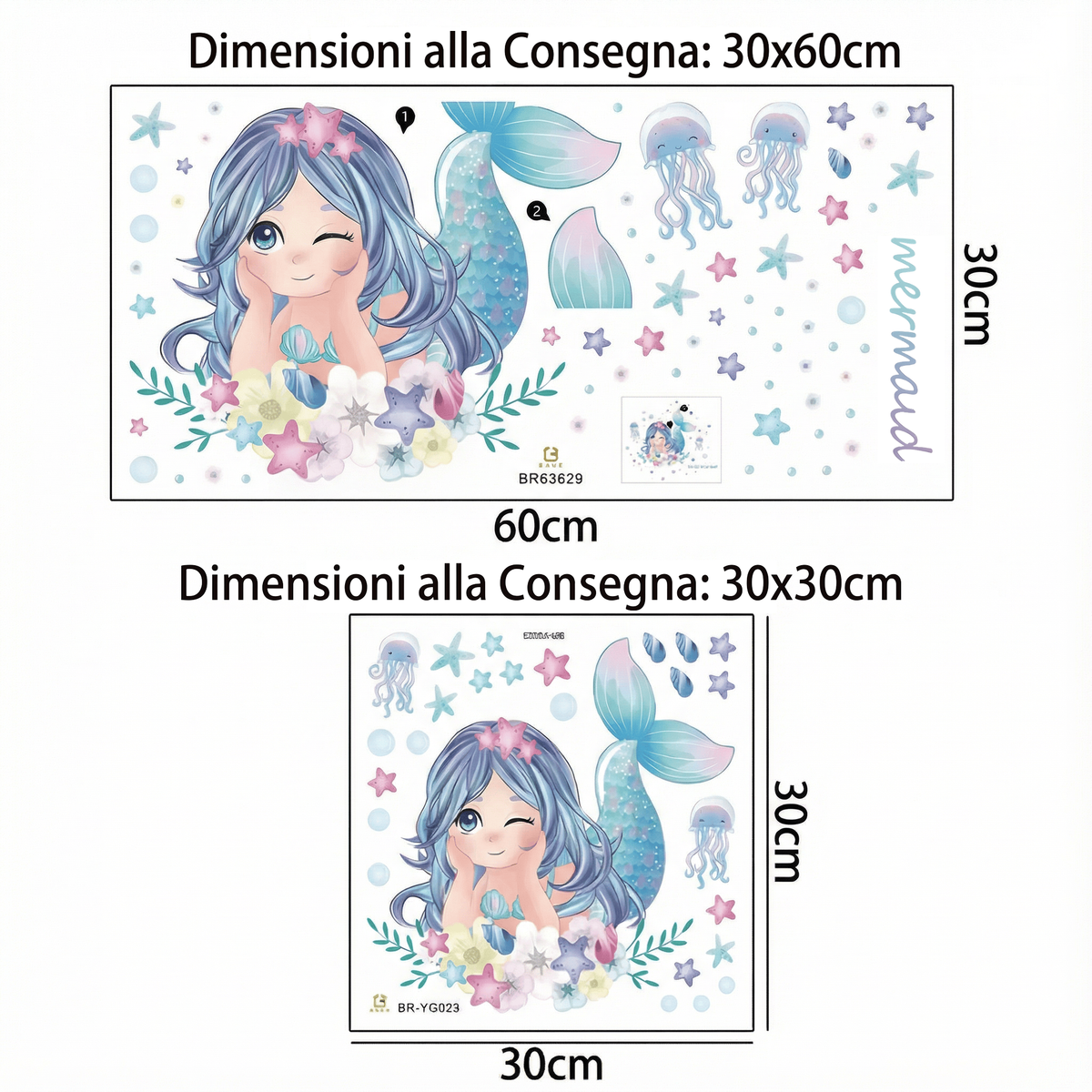Adesivi murali sirena con meduse per cameretta bambina - Dimensioni