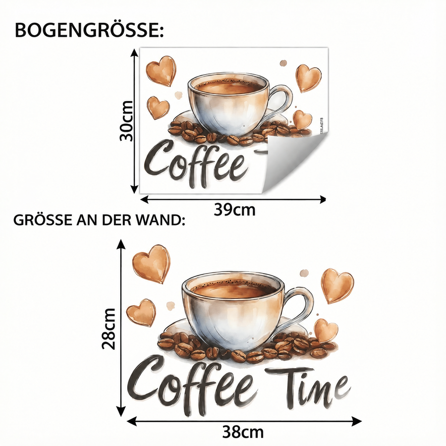 Der gelieferte Bogen im Vergleich zum Motiv an der Wand: Wandtattoo Kaffeetasse mit Herzen