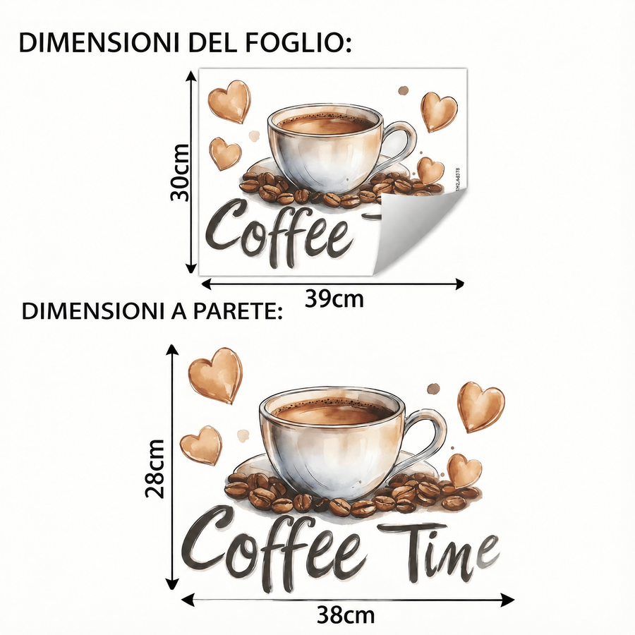 Il foglio che ricevi a confronto con il motivo applicato: Adesivi murali tazza di caffè con cuori