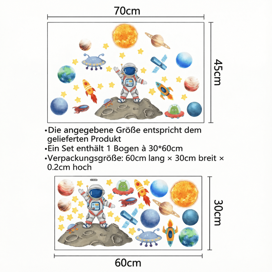Der gelieferte Bogen im Vergleich zum Motiv an der Wand: Wandtattoo Weltall fürs Kinderzimmer