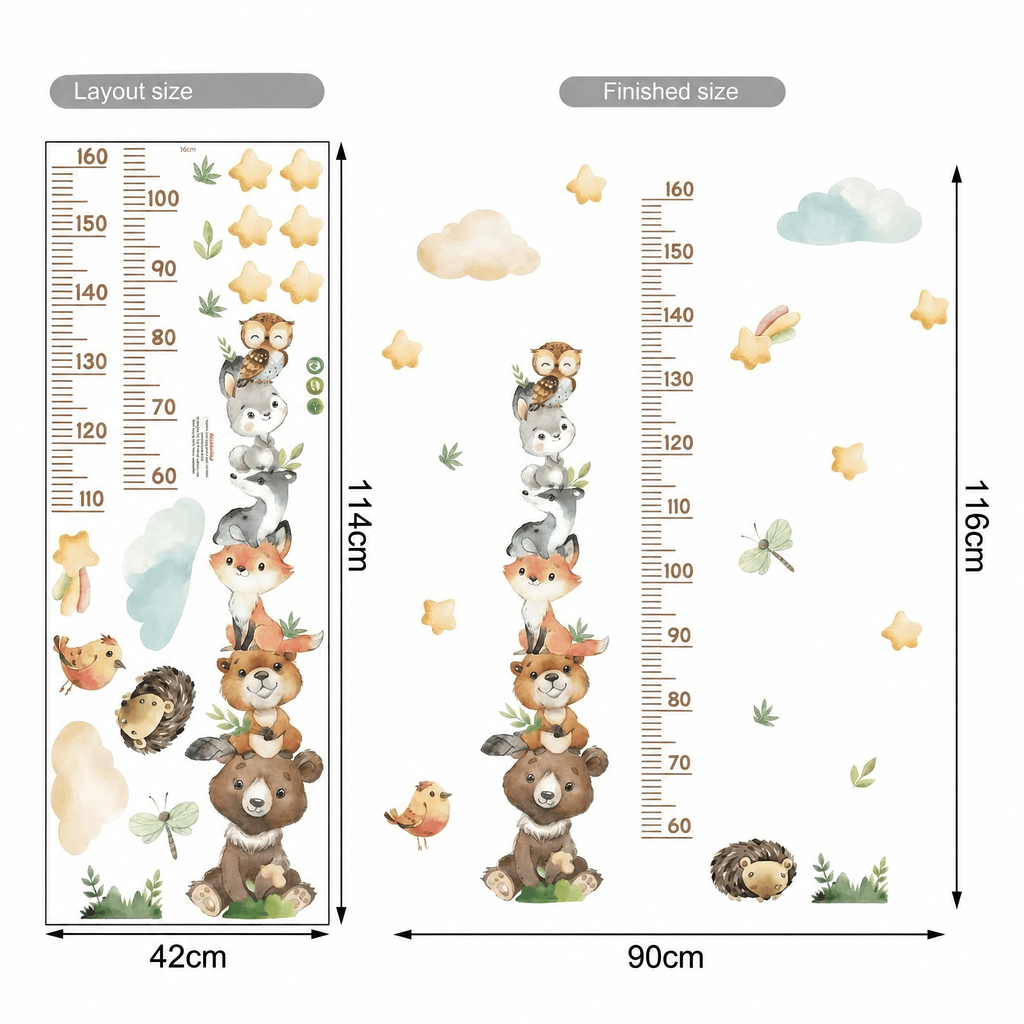 Woodland Animals Height Chart Wall Stickers - dimensions
