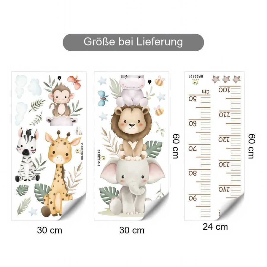 Der gelieferte Bogen im Vergleich zum Motiv an der Wand: Wandtattoos Messlatte mit Safaritieren in Aquarell fürs Babyzimmer