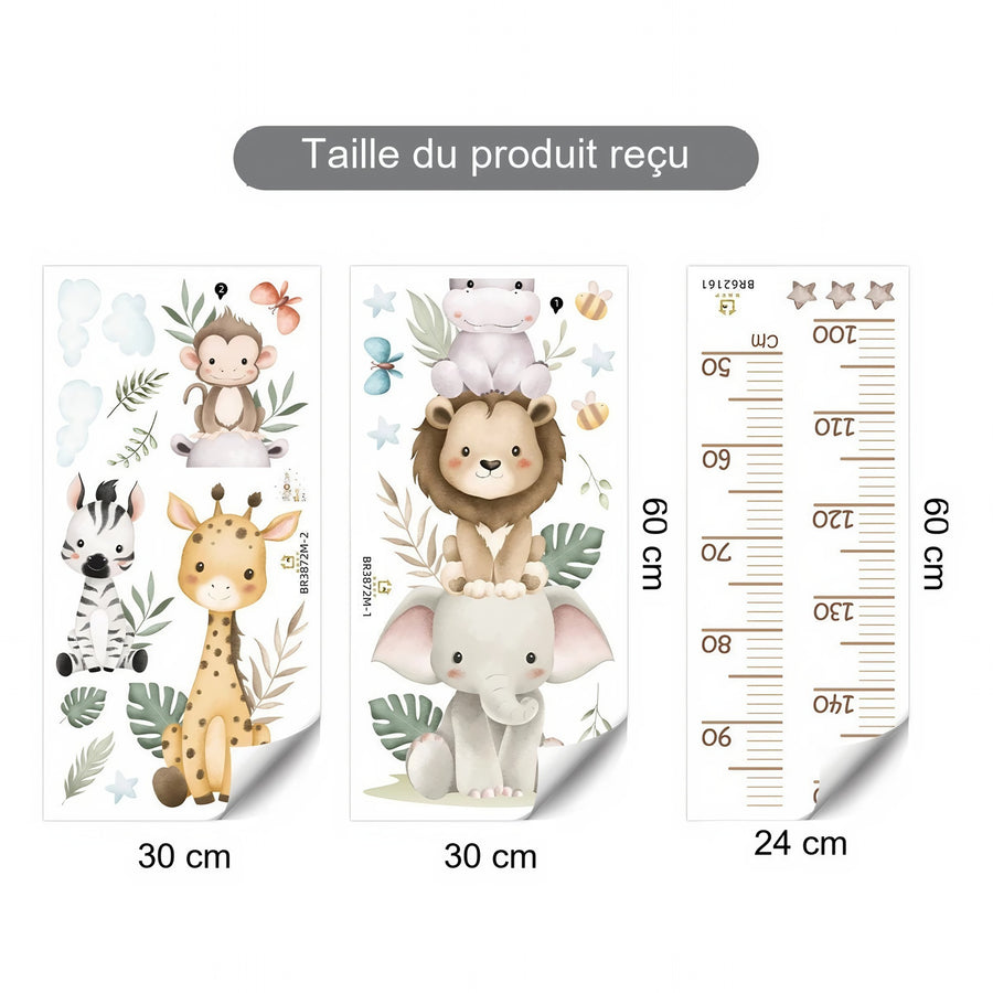 Comparaison entre la planche reçue et le motif posé : Stickers Muraux Toise Animaux de la Savane Aquarelle Chambre Bébé