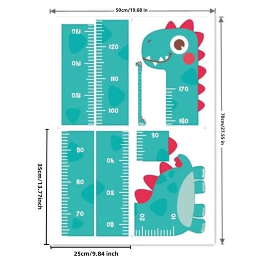 The sheet you receive compared with the design on the wall: Dinosaur Height Chart Wall Stickers in Seafoam Green for Kids' Bedroom