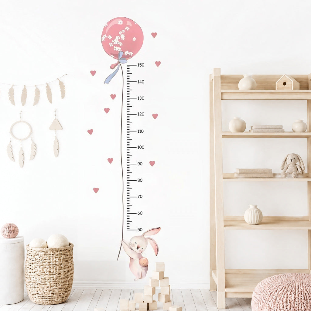 Toise lapin et ballon rose sur un mur blanc près d'une étagère en bois et d'un panier tressé