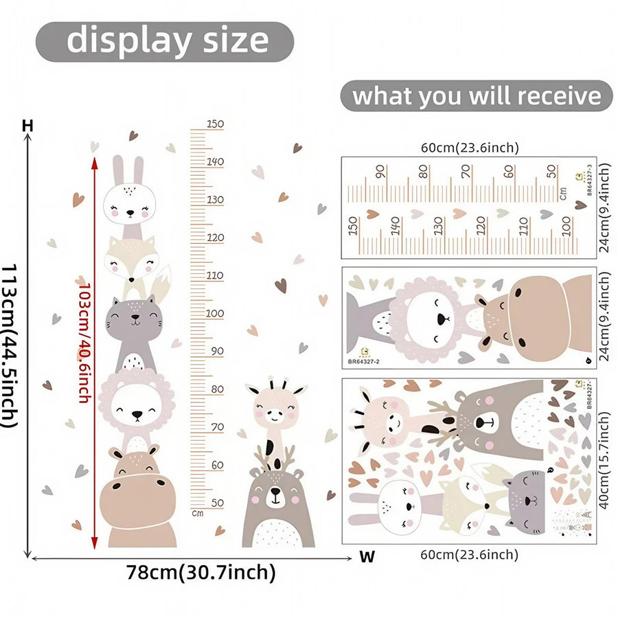 The sheet you receive compared with the design on the wall: Boho Height Chart Wall Stickers with Lion, Giraffe and Hearts for Baby's Room