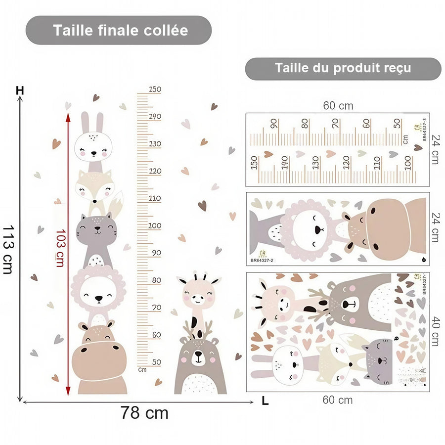 Comparaison entre la planche reçue et le motif posé : Stickers Muraux Toise Lion Girafe et Cœurs Bohème Chambre Bébé