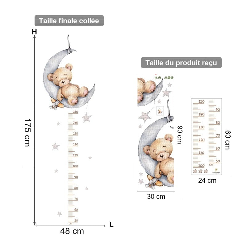 Comparaison entre la planche reçue et le motif posé : Stickers Muraux Toise Ourson sur la Lune et Étoiles Chambre Bébé