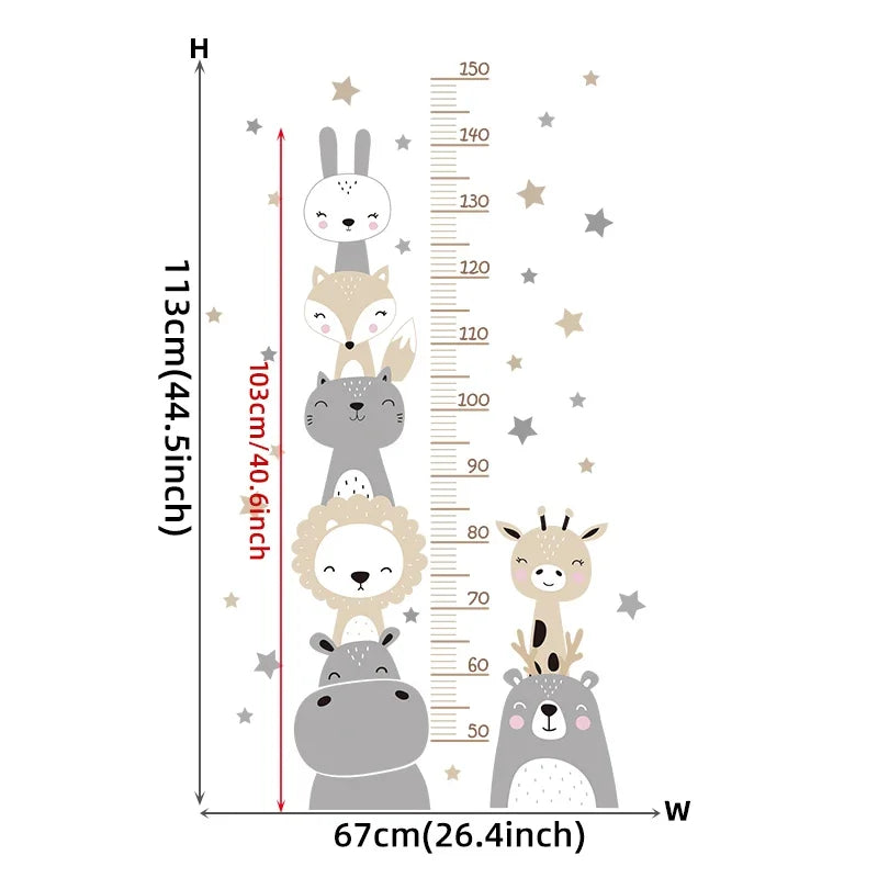 The sheet you receive compared with the design on the wall: Pastel Height Chart Wall Stickers with Fox, Cat and Stars for Baby's Room