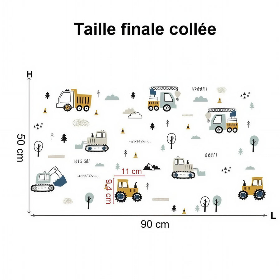 Comparaison entre la planche reçue et le motif posé : Stickers Muraux Tracteurs et Engins de Chantier Chambre Garçon