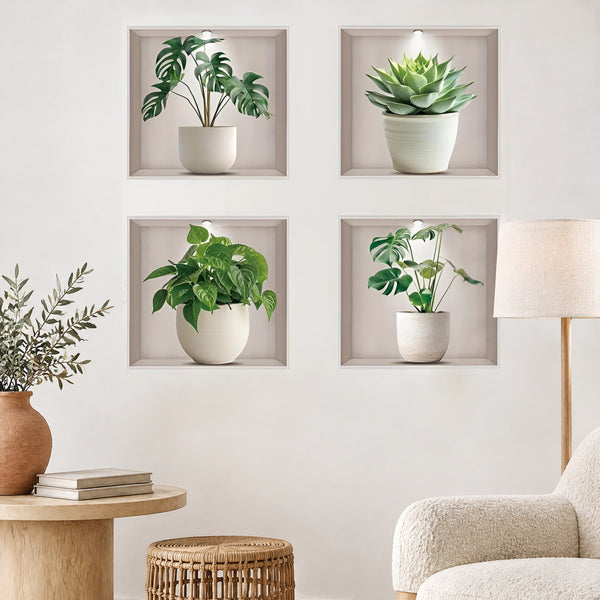 Four 3D niche wall stickers with potted monstera and succulents in a living room with a boucle armchair and an oak floor lamp
