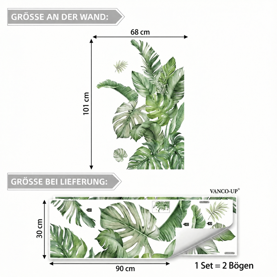 Der gelieferte Bogen im Vergleich zum Motiv an der Wand: Wandtattoo Tropisches Grün